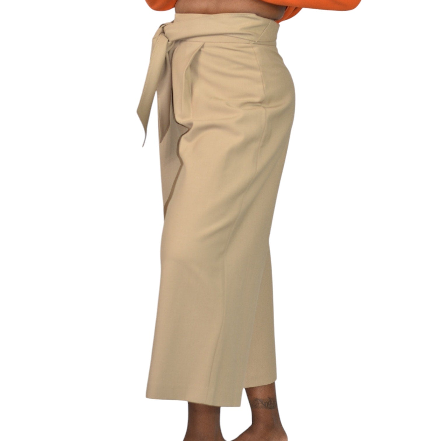 Club Monaco Wide Leg Crop Trousers Tan Tailored Pants Belted Flare Wool Khaki High Waist Gaucho 0