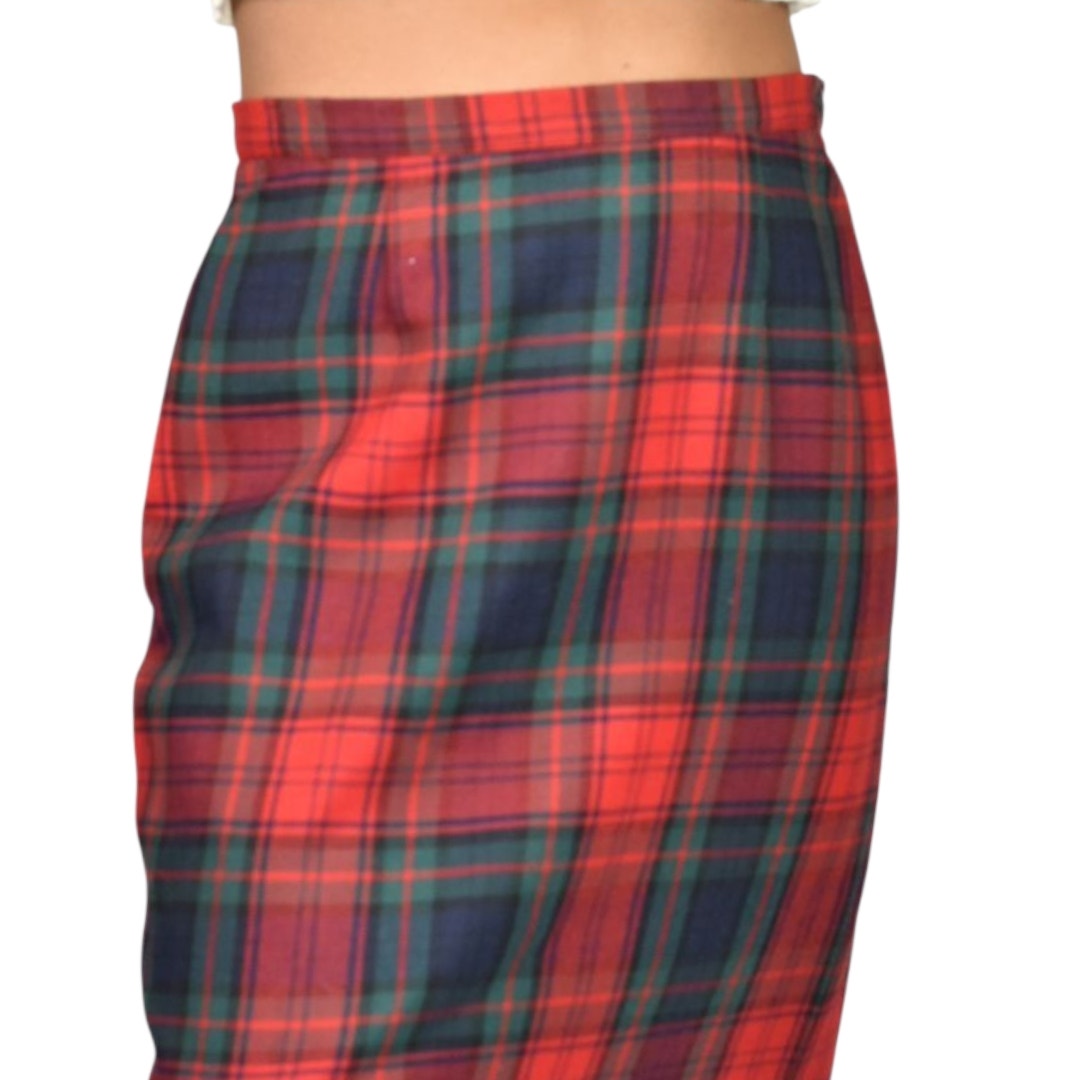 Vintage Rafaella Sport Tartan Maxi Skirt Red Plaid Check Fringe Slit Wool Long Straight Column 8