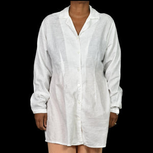 Vintage Flax Cotton Tunic Shirt White Collared Button Front Long Sleeve Oversized Jacquard Size Medium