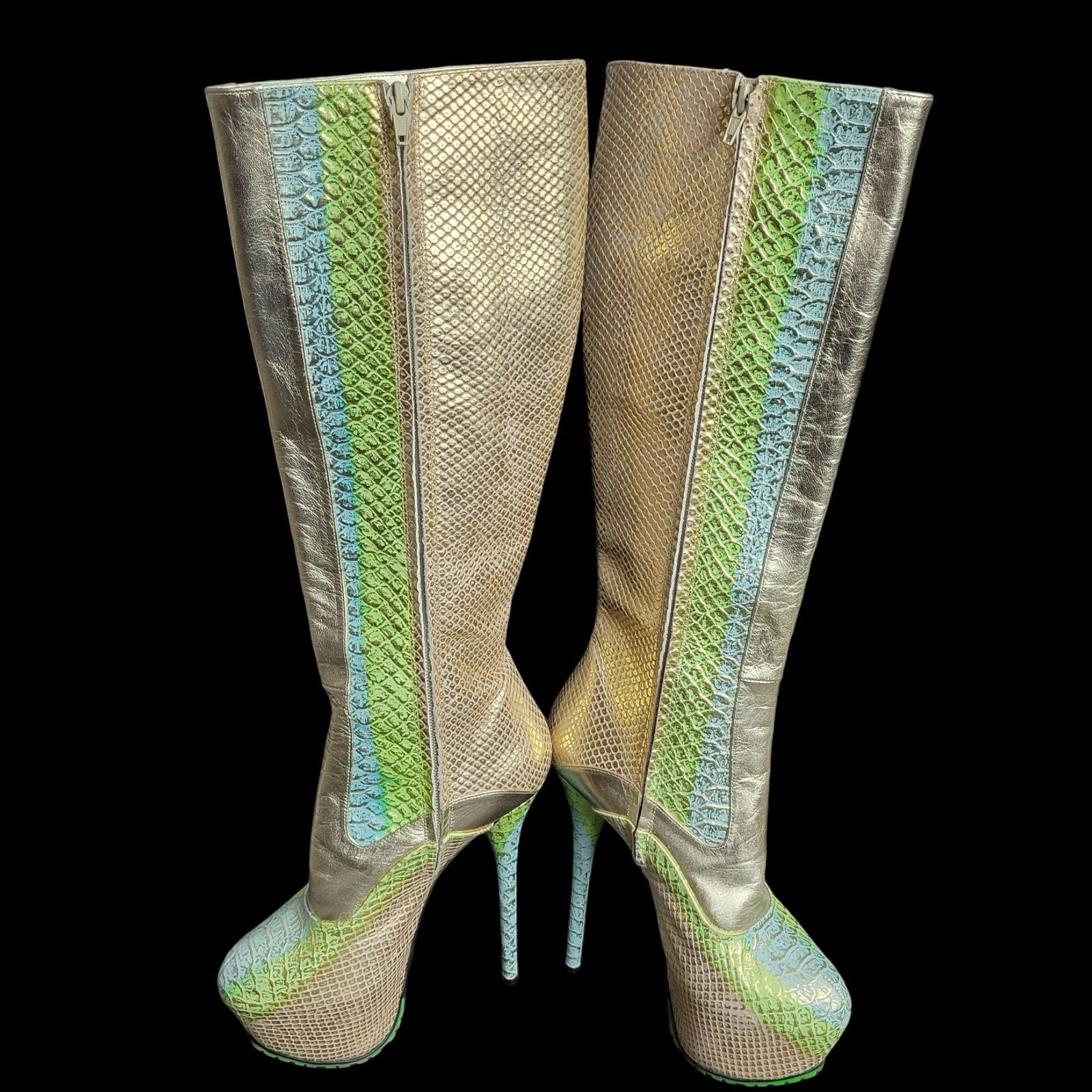 Eros Afrodite Platform Stiletto Boots Gold Green Leather Tall Metallic Mermaid Embossed Scales Snakeskin Heeled Size 7.5