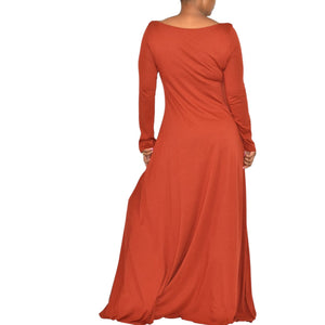 Soft Surroundings Maxi Dress Orange Clay Jersey Long Stretch Fit Flare Boatneck Medium