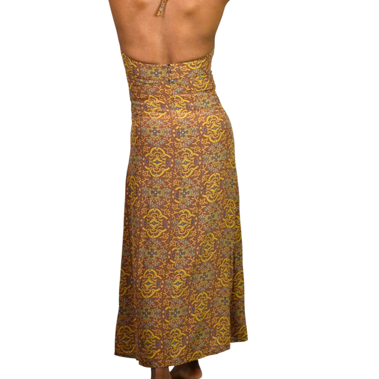 Vintage Gap Halter Dress Brown Mandala 90s Grunge Long Maxi Rayon Block Print Small
