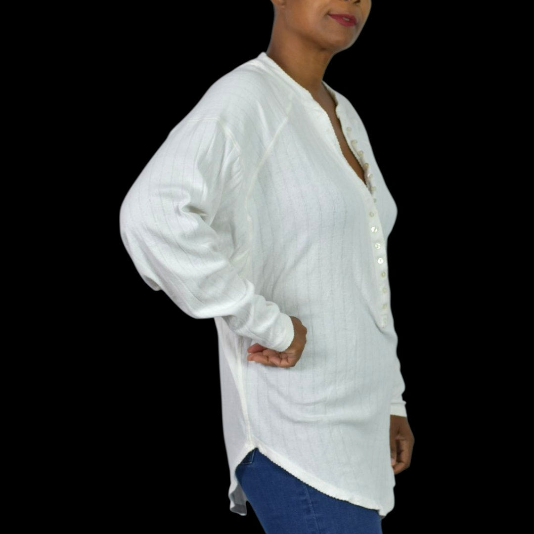 Free People Coffee Chat Pullover Top White Henley Tunic Pointelle Knit Ribbed Oversized Medium