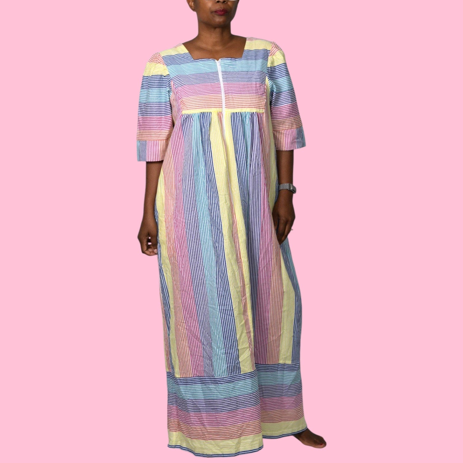 Vintage Saybury Rainbow Stripe Dress Pink Seersucker Sundress Long Patio House Sack Housecoat Muumuu Large