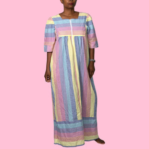 Vintage Saybury Rainbow Stripe Dress Pink Seersucker Sundress Long Patio House Sack Housecoat Muumuu Large