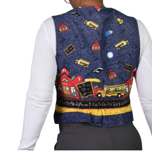Homemade School Bus Teacher Vest Blue Kids Bus Button Front Cotton Novelty Waistcoat Small