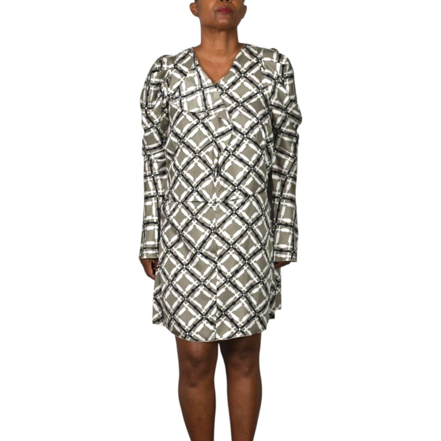Marni Silk Print Dress Grey Geo Grid Puff Sleeve Origami Folds Sculpted Sheath 40