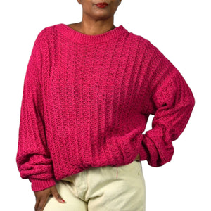 Vintage Cacharel Chunky Sweater Pink Raspberry Pullover Slouchy Cable Knit Crew Size XL