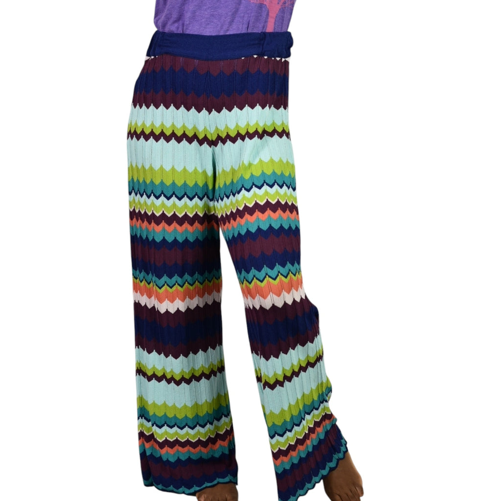 Aldomartins Pointelle Knit Pants Green Multi Zigzag Chevron Stripe Wide Leg Flare Stretch Pull On Size 6