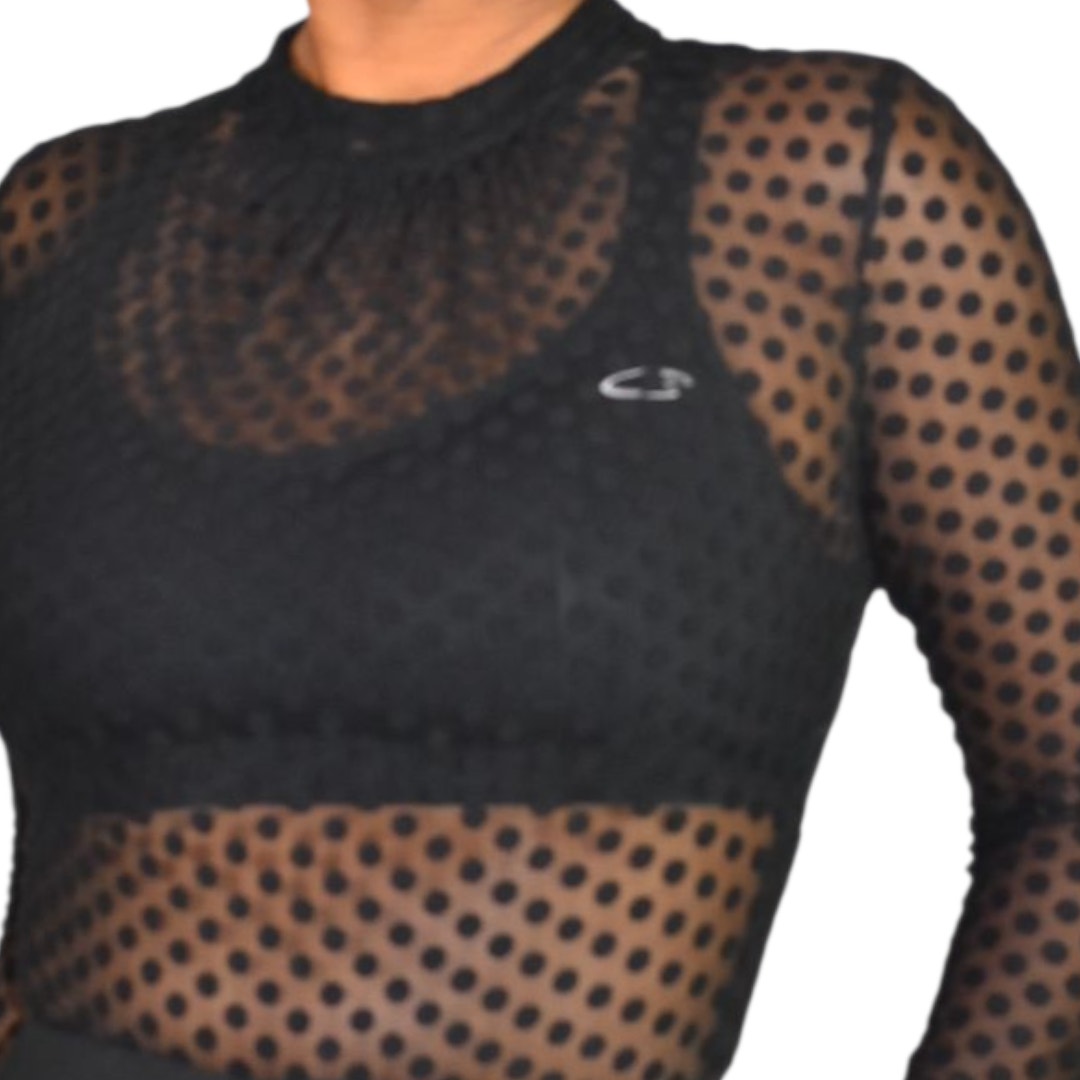 Windsor Sheer Bodysuit Black Flocked Polka Dot Mock Mesh Neck Long Sleeves Top Small