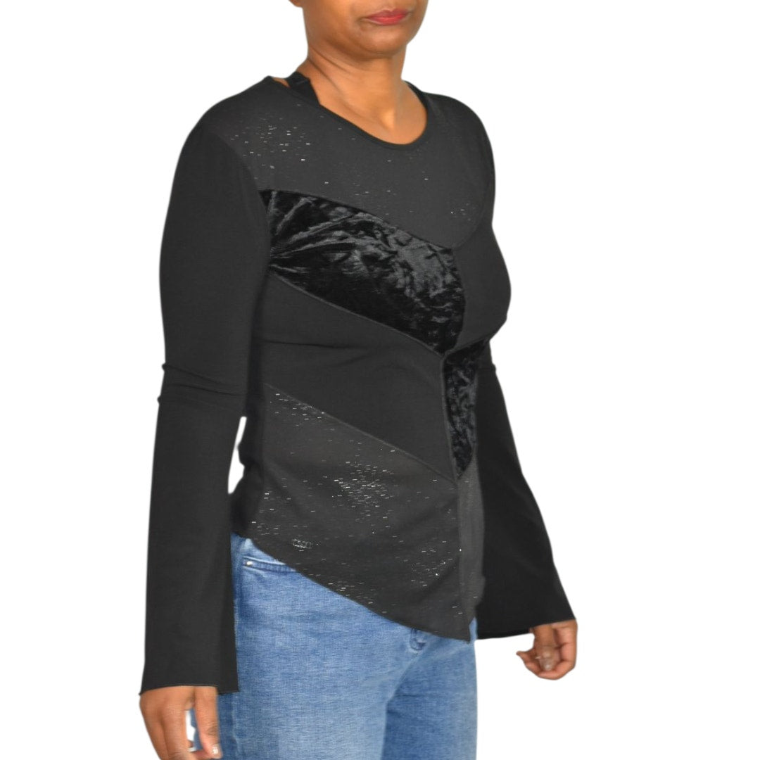 Vintage Ludmilla Paris Bell Sleeve Top Black Velvet Sparkle Y2K France Patchwork Small
