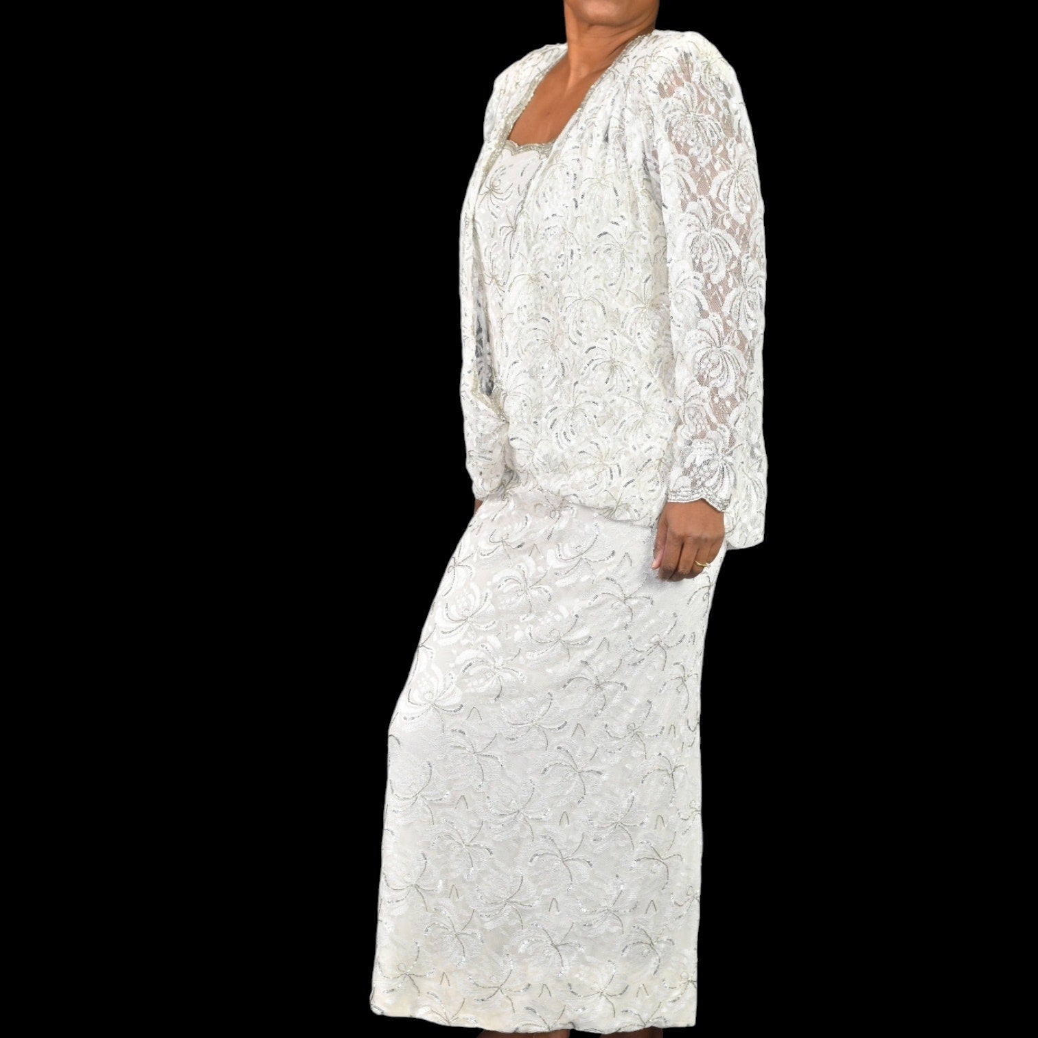 Vintage Beaded Lace Dress White 80s Sequin Long Maxi Blouson Column Handmade Bespoke Shoulder Pads Small