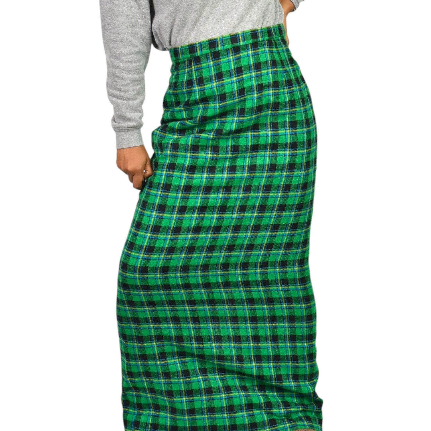 Vintage Tartan Maxi Skirt Green Plaid Long Straight Column Check Handmade 10 Medium