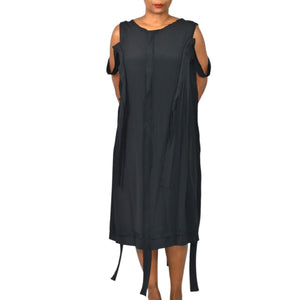 MeimeiJ Draped Dress Black Cutout Cold Shoulder Strappy Silk Blend Midi Wearable Art 8