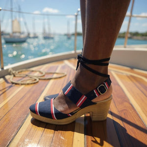 Free People Monaco Clogs Blue Navy Stripe Wrap Chunky Platform Wooden Heels 38 7.5