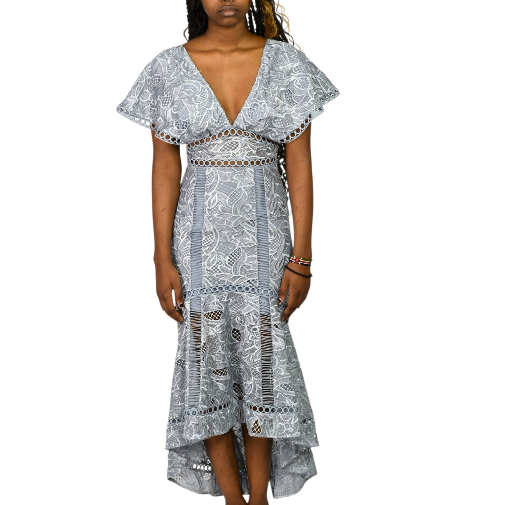 ASOS Design Midi Dress Grey Corded Embroidery Lace Flutter Sleeve Fishtail Mermaid Formal Evening Cutouts 0