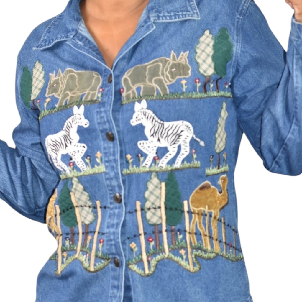 Vintage Sara Studio Denim Shirt Blue Jeans Patchwork Embroidered Animals Camel Zebra Rhino Button Down Shirt Safari Large