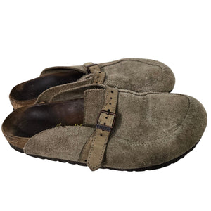 Birkenstock Eaton Suede Clogs Tan Taupe Slides Slip On Leather Mules Buckle 38 7