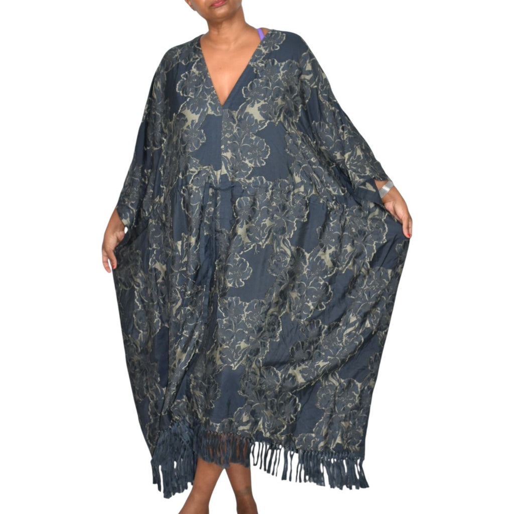 Billy Reid Juniper Jacquard Kaftan Dress Blue Floral Long Oversized Patio Muumuu Caftan Fringe Medium Large M L