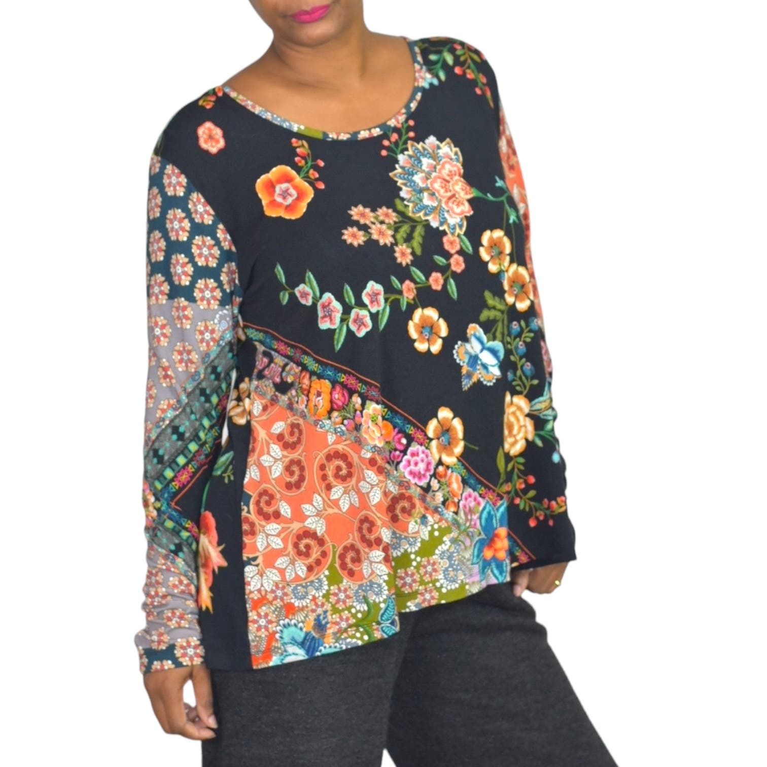 Johnny Was Ardell Favorite Top Floral Patchwork Long Sleeve T Shirt Tee JWLA Bamboo Size Medium