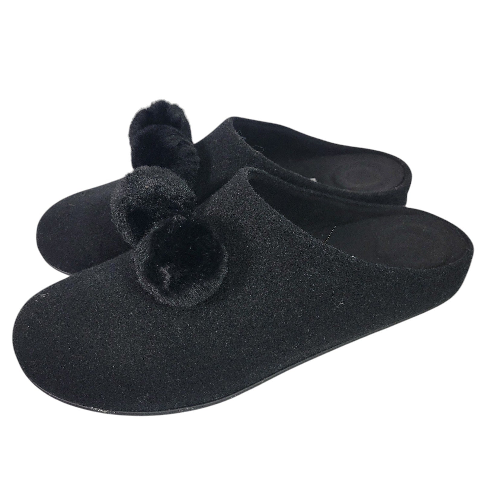 Fitflop Chrissie Slippers Black Felt Pom Pom Mules Slip On Slides Flats Lounge 8