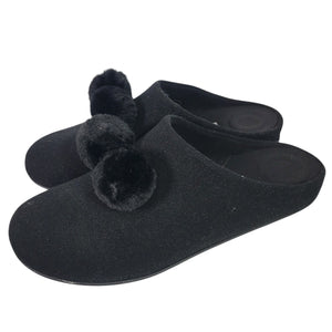 Fitflop Chrissie Slippers Black Felt Pom Pom Mules Slip On Slides Flats Lounge 8