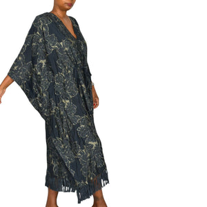 Billy Reid Juniper Jacquard Kaftan Dress Blue Floral Long Oversized Patio Muumuu Caftan Fringe Medium Large M L