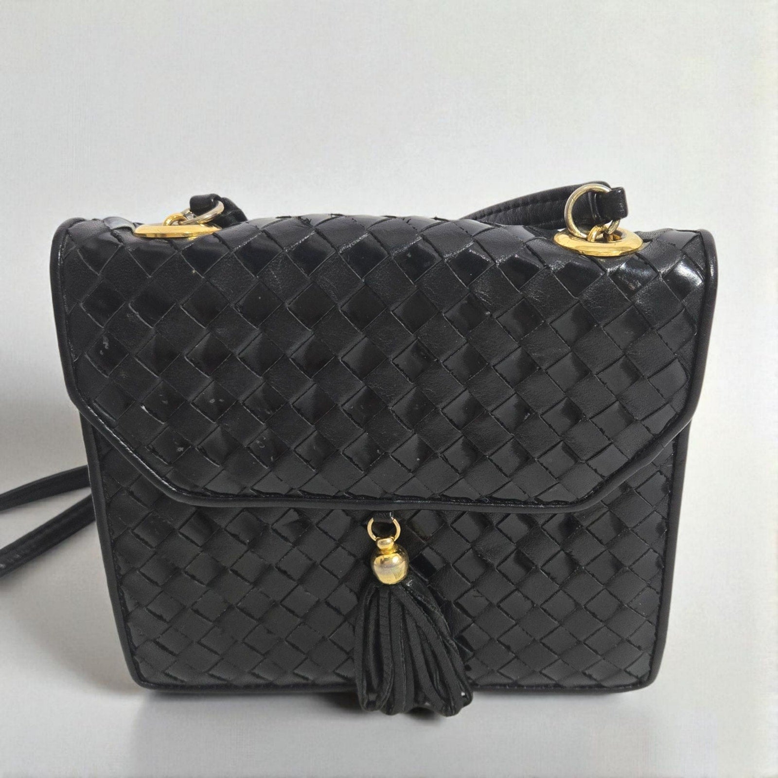Vintage Talbots Woven Tassel Bag Black Leather Crossbody Mini Box Square Snap Flap Envelope