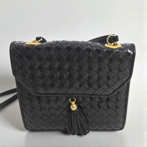 Vintage Talbots Woven Tassel Bag Black Leather Crossbody Mini Box Square Snap Flap Envelope