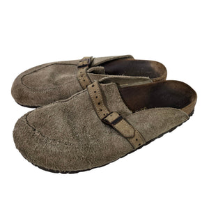 Birkenstock Eaton Suede Clogs Tan Taupe Slides Slip On Leather Mules Buckle 38 7