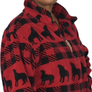 Woolrich Sherpa Fleece Jacket Red Quarter Zip Wolf Buffalo Plaid Ski Southwestern Blanket Size Large