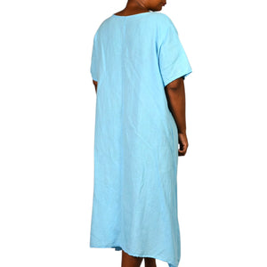 Fenella Linen Dress Blue Crinkled Lagenlook Ruched Pockets Italian Asymmetric Pockets One Size S M L XL
