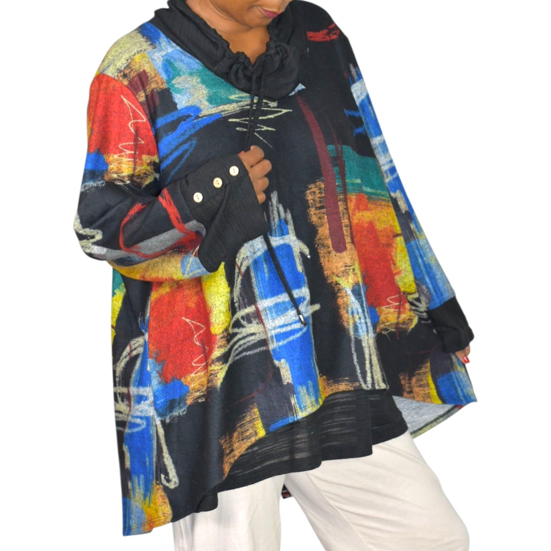 Ali Miles Abstract Art Cowl Neck Tunic Multicolor Black Print Sweater Top Lagenlook Plus 2X
