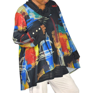 Ali Miles Abstract Art Cowl Neck Tunic Multicolor Black Print Sweater Top Lagenlook Plus 2X