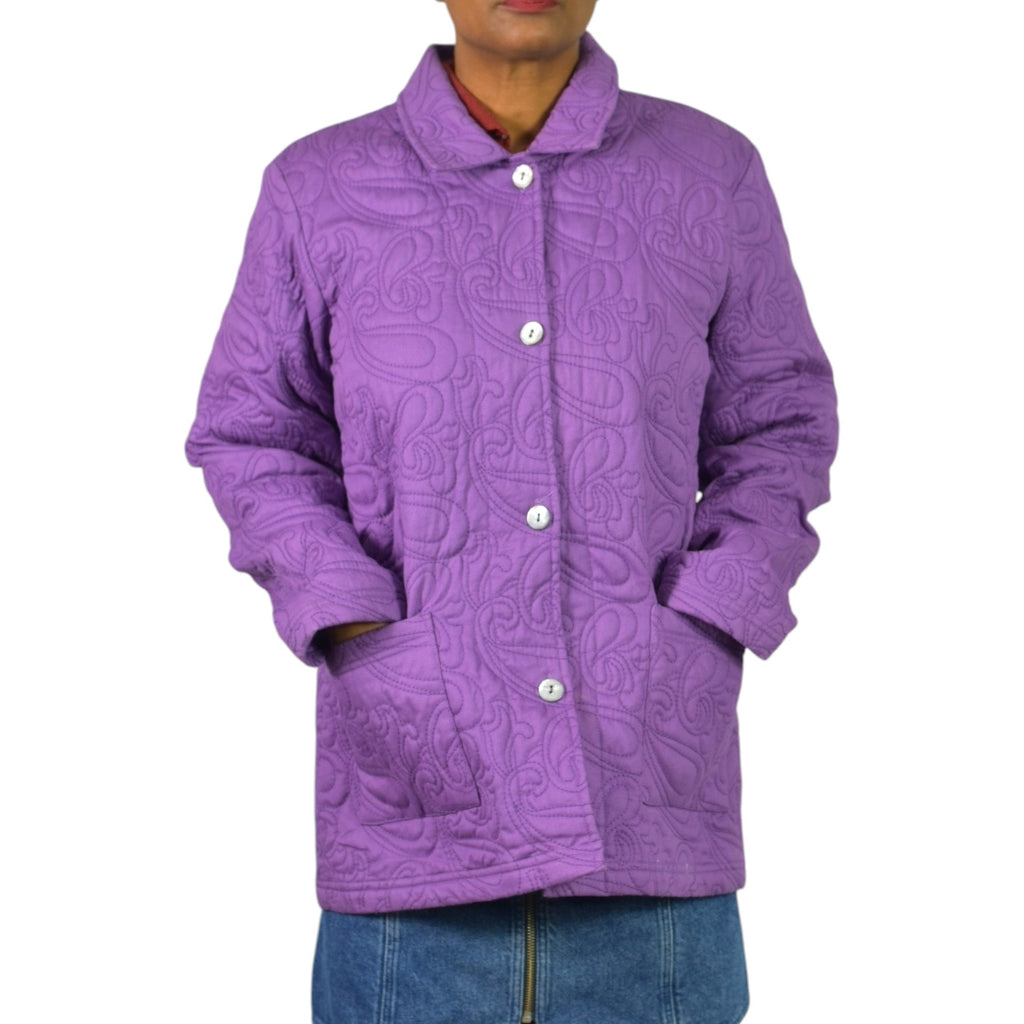 Orvis Quilted Jacket Purple Cotton Collared Swirl Pattern Pockets Chore Coat Large