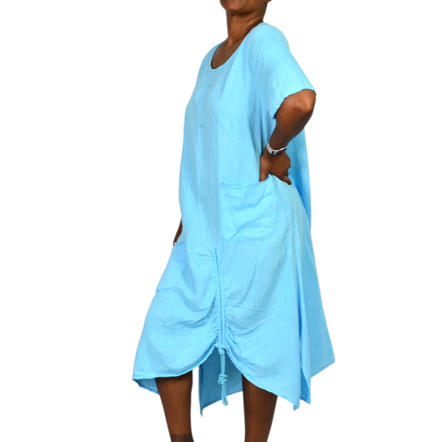 Fenella Linen Dress Blue Crinkled Lagenlook Ruched Pockets Italian Asymmetric Pockets One Size S M L XL
