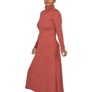 Peruvian Connection Haley Turtleneck Dress Burnt Sierra Orange Cotton Modal Midi Jersey Long Sleeve Stretch Small
