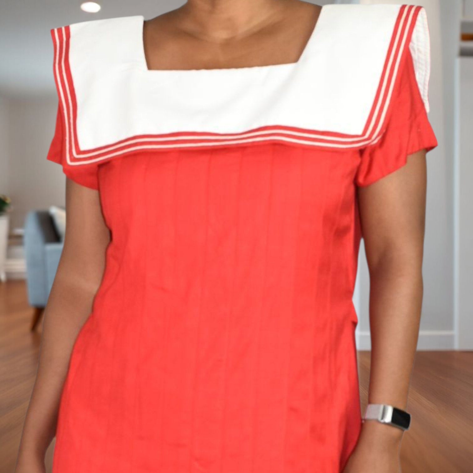 Vintage Sarah Elizabeth Sailor Collar Maxi Dress Red White Nautical Rayon Column Pleated Retro Flapper Medium