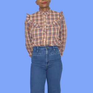Vintage Plaid Ruffle Blouse Brown Victorian High Neck Shirt Homemade Yoked Small