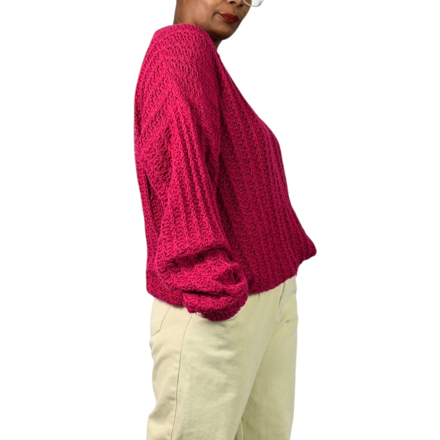 Vintage Cacharel Chunky Sweater Pink Raspberry Pullover Slouchy Cable Knit Crew Size XL