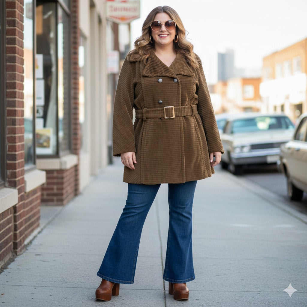Vintage Sears Corduroy Coat Brown Peacoat Double Breasted Rainbow Retro Barn 70s Rancher Mod Hippie Plus 1X