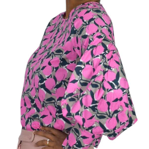 The Sang Fruit Floral Print Blouse Pink Cotton Poplin Statement Balloon Sleeves Top Small