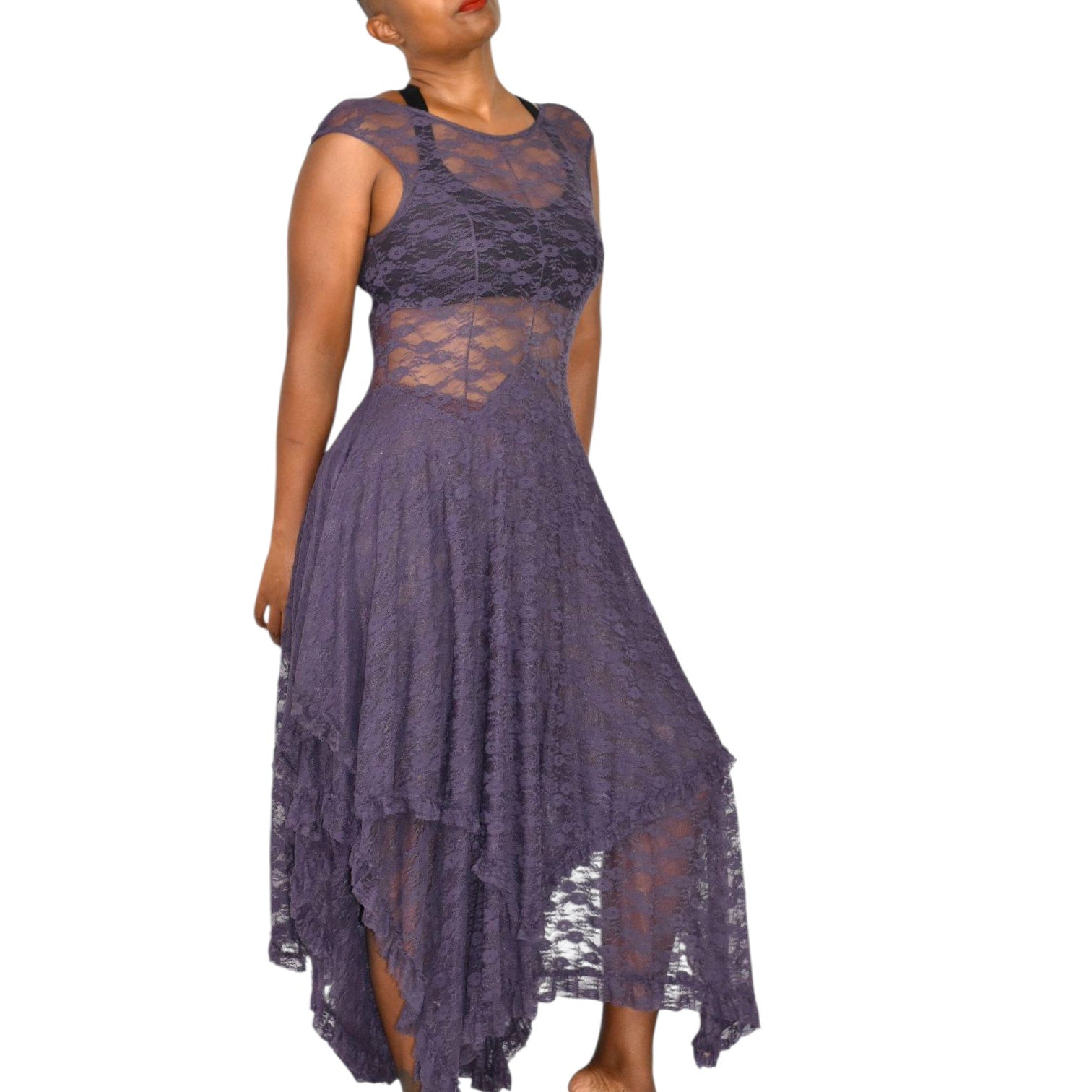 Free People French Courtship Slip Dress Purple Stretch Lace Sheer Midi Asymmetric Handkerchief Hem XS