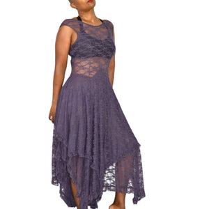 Free People French Courtship Slip Dress Purple Stretch Lace Sheer Midi Asymmetric Handkerchief Hem XS