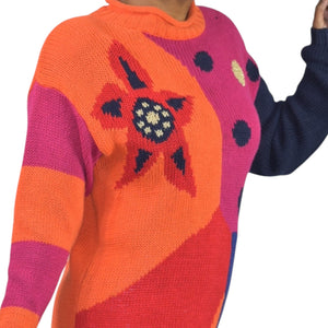 Vintage Pasta Knit Sweater Orange Multi Abstract Print Intarsia Novelty Chunky Shoulder Pads Small