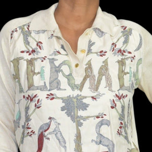 Vintage Hermes Alphabet Polo Top Beige Print Silk Cashmere Scarf Knit Logo Carre 90 Annie Faivre Small