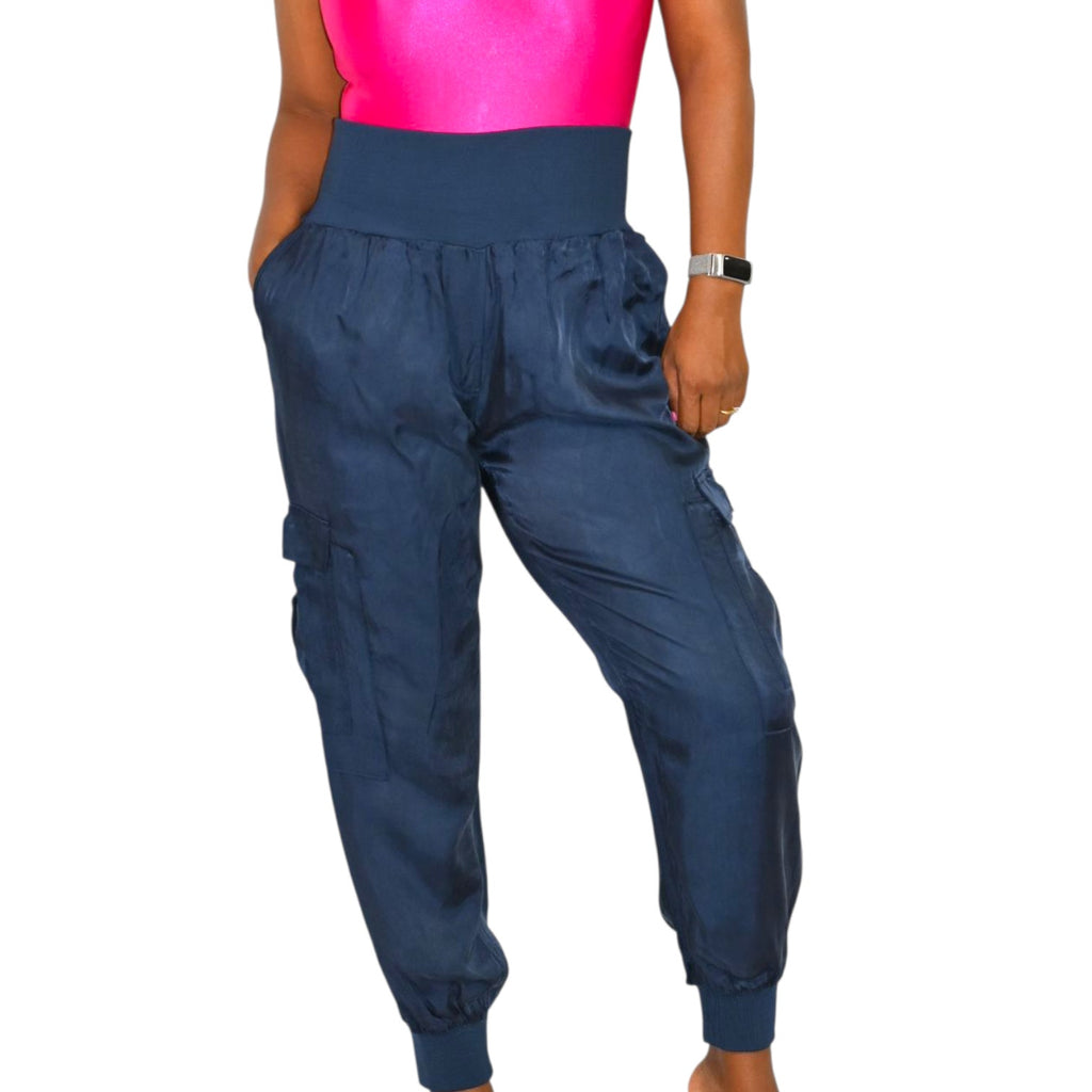 Cinq a Sept Giles Satin Joggers Blue Navy Cargo Pants High Rise Pull On Pockets Elasticized Waist Medium