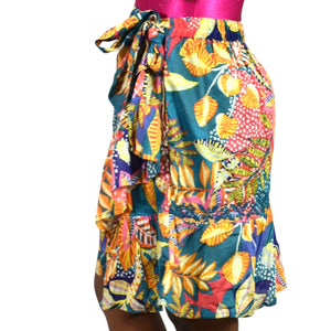 Cynthia Rowley Wrap Skirt Colorful Blue Tropical Foliage Leaf Print Tiered Sarong Large