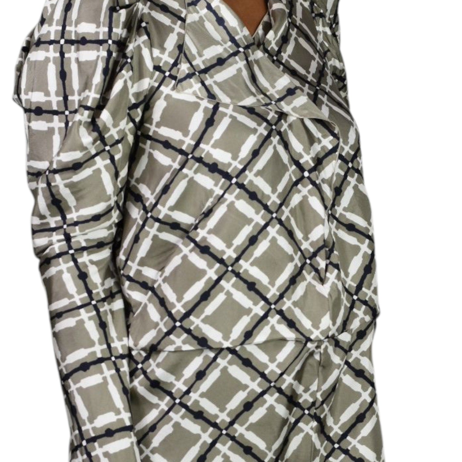 Marni Silk Print Dress Grey Geo Grid Puff Sleeve Origami Folds Sculpted Sheath 40