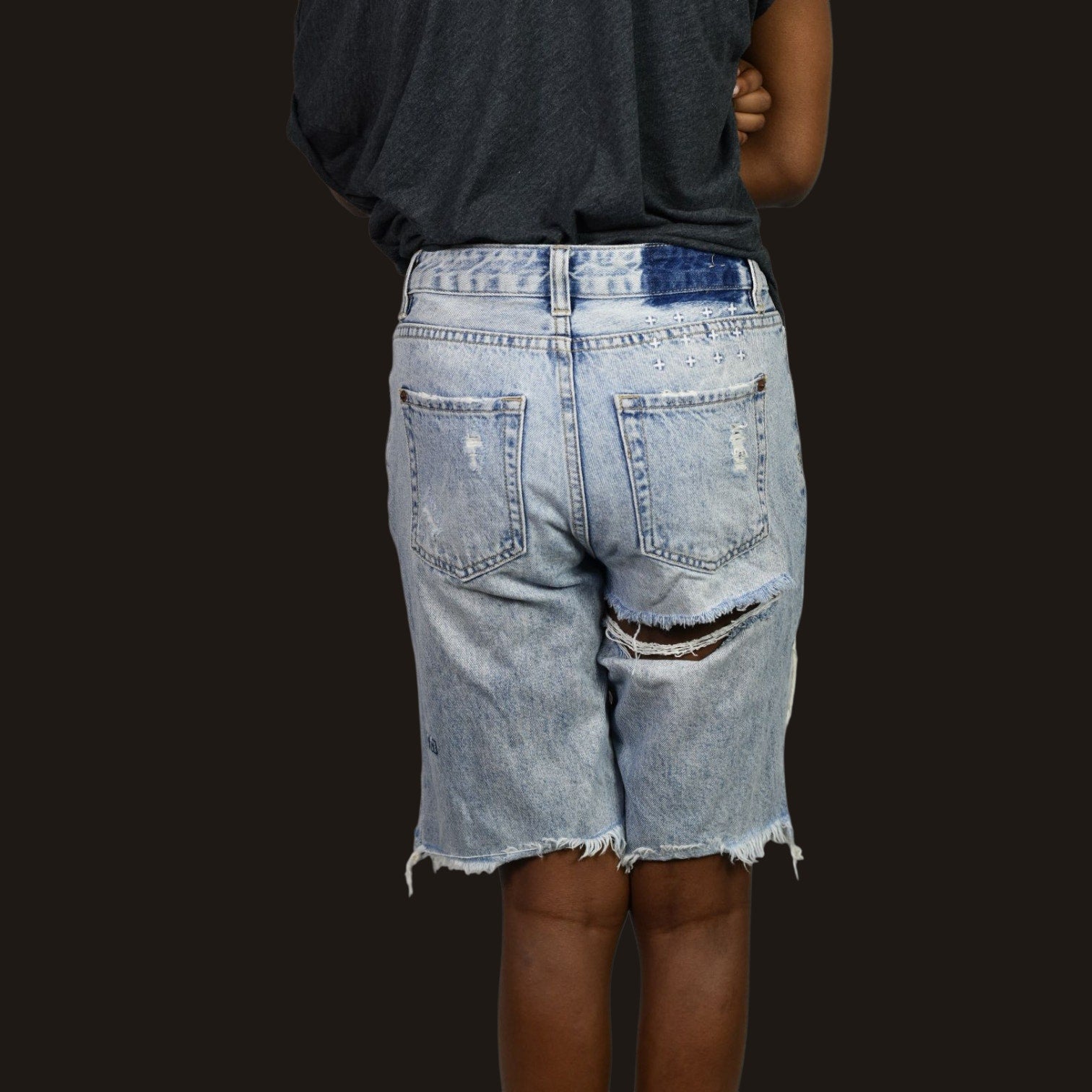 Ksubi Jean Shorts Light Blue Destroyed Heavy Distressed Denim Longline Mid Rise Cutoff Raw Hem Cotton 26